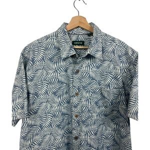 Orvis Men's Large Button Up Short Sleeve Floral Leaf Print Cotton Shirt Blue